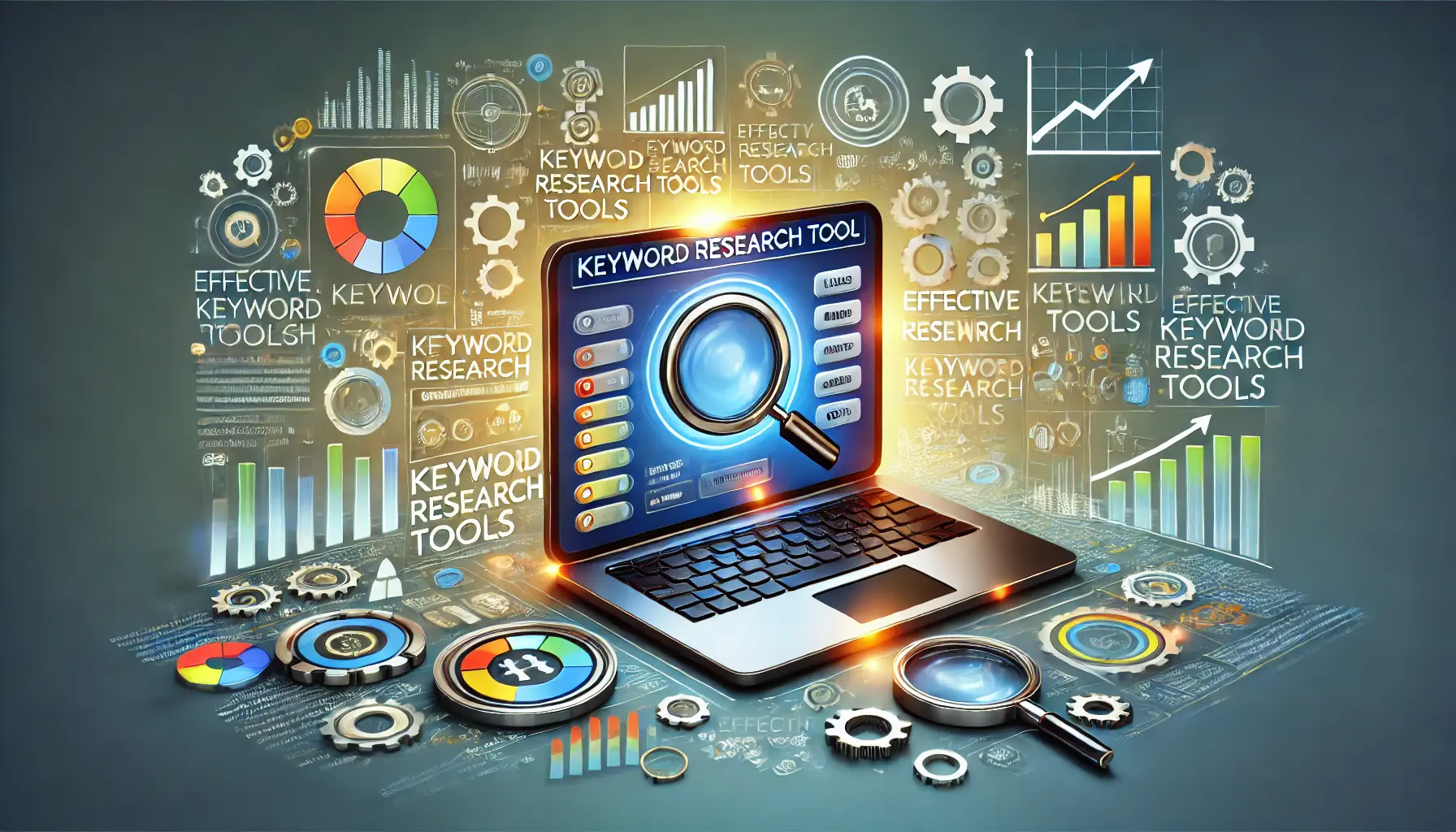 A laptop displaying a keyword research tool interface, surrounded by icons representing tools like graphs, search bars, and magnifying glasses.