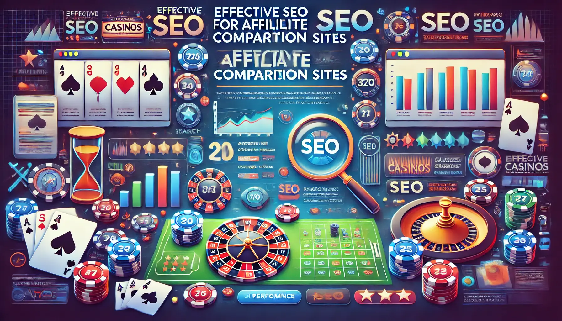 A scene featuring casino elements like poker chips, roulette, and cards, combined with graphs and ratings symbolizing SEO strategies for comparison sites.