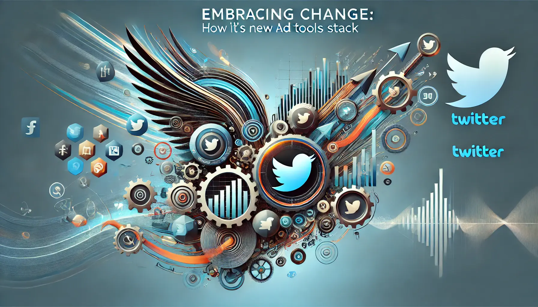 Abstract image representing adaptation and innovation with evolving graphs, tool icons, and Twitter logos