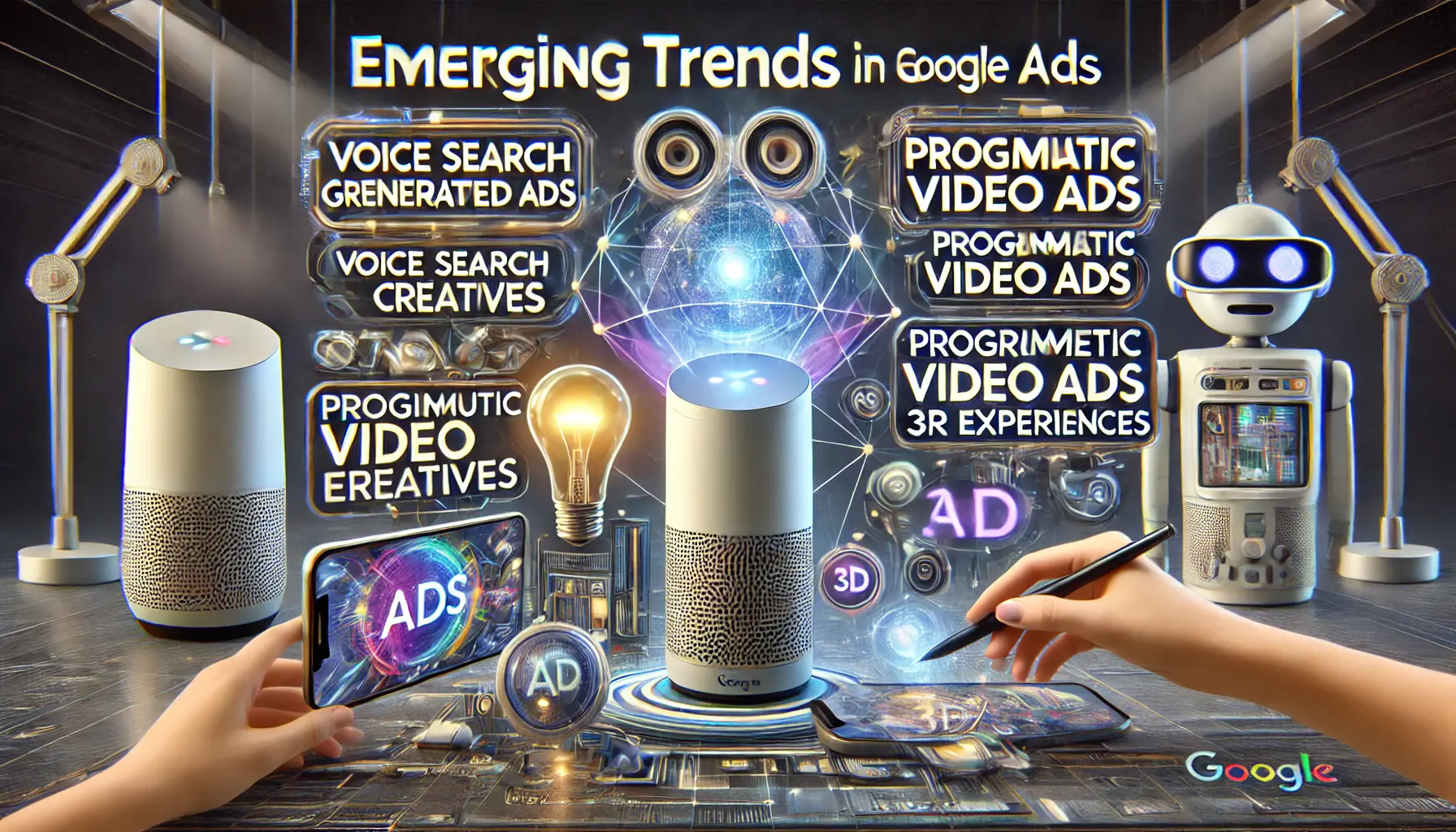 Depiction of emerging trends in Google Ads, featuring concepts like voice search ads, AI-generated creatives, programmatic video ads, and immersive AR/3D experiences on digital devices.