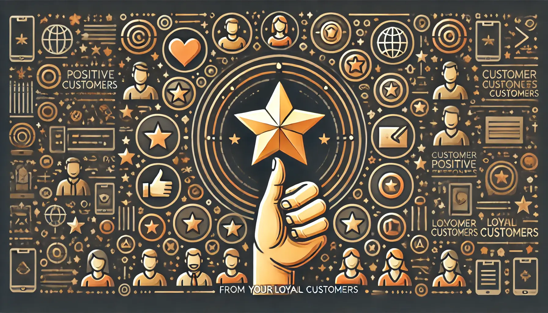 An image depicting the encouragement of positive feedback from loyal customers, with hands holding a star or thumbs-up symbol surrounded by icons representing users.