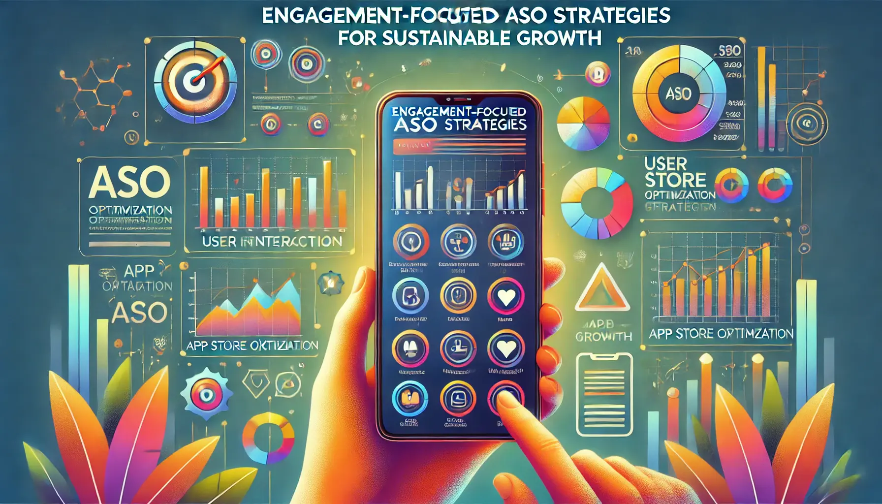 A smartphone displaying engagement-focused elements like user interaction charts and growth metrics, set against an abstract background symbolizing sustainability and continuous improvement.