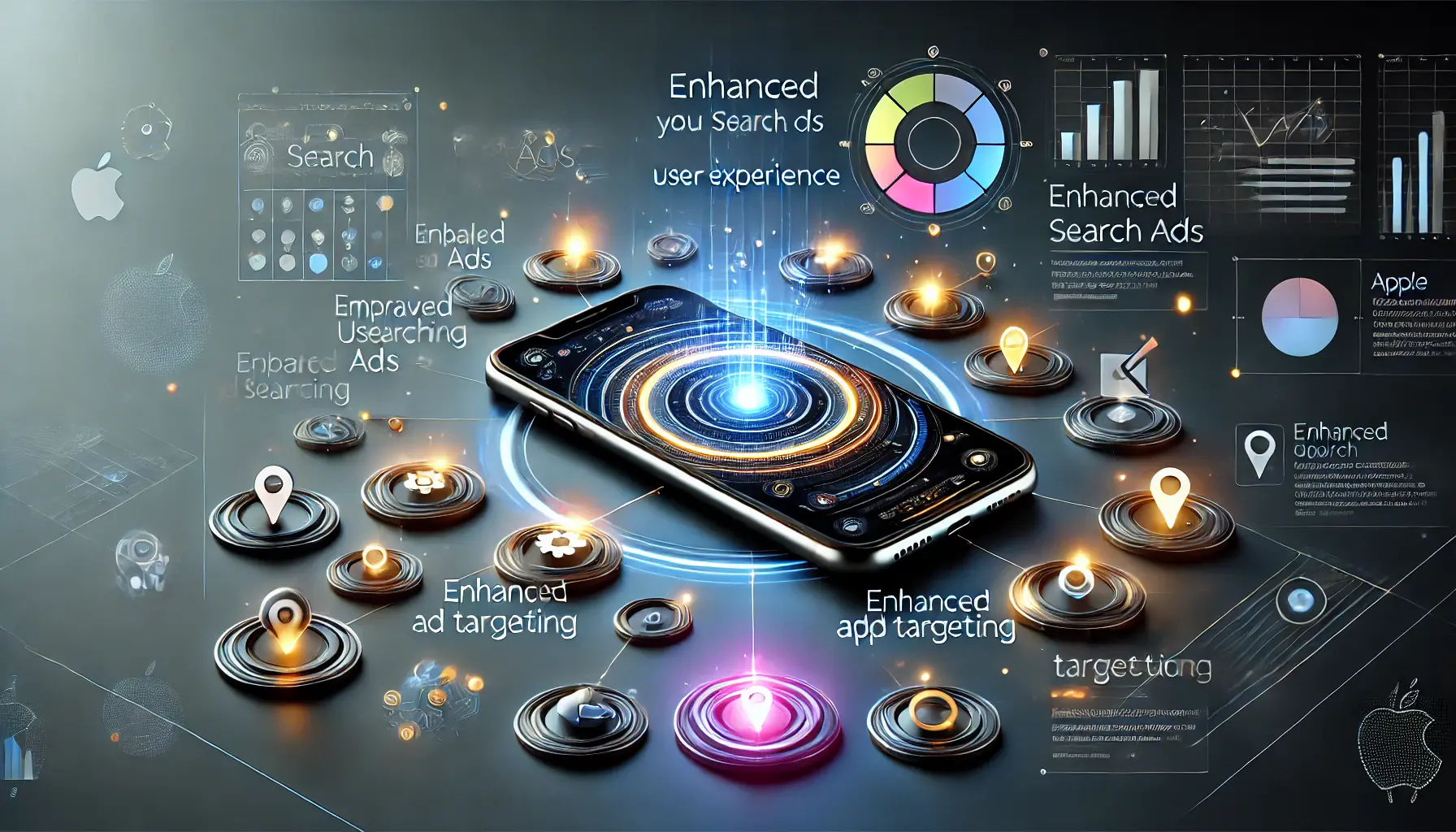 Futuristic scene illustrating enhancements in Apple Search Ads with smooth app interactions, glowing nodes, and improved user interfaces.