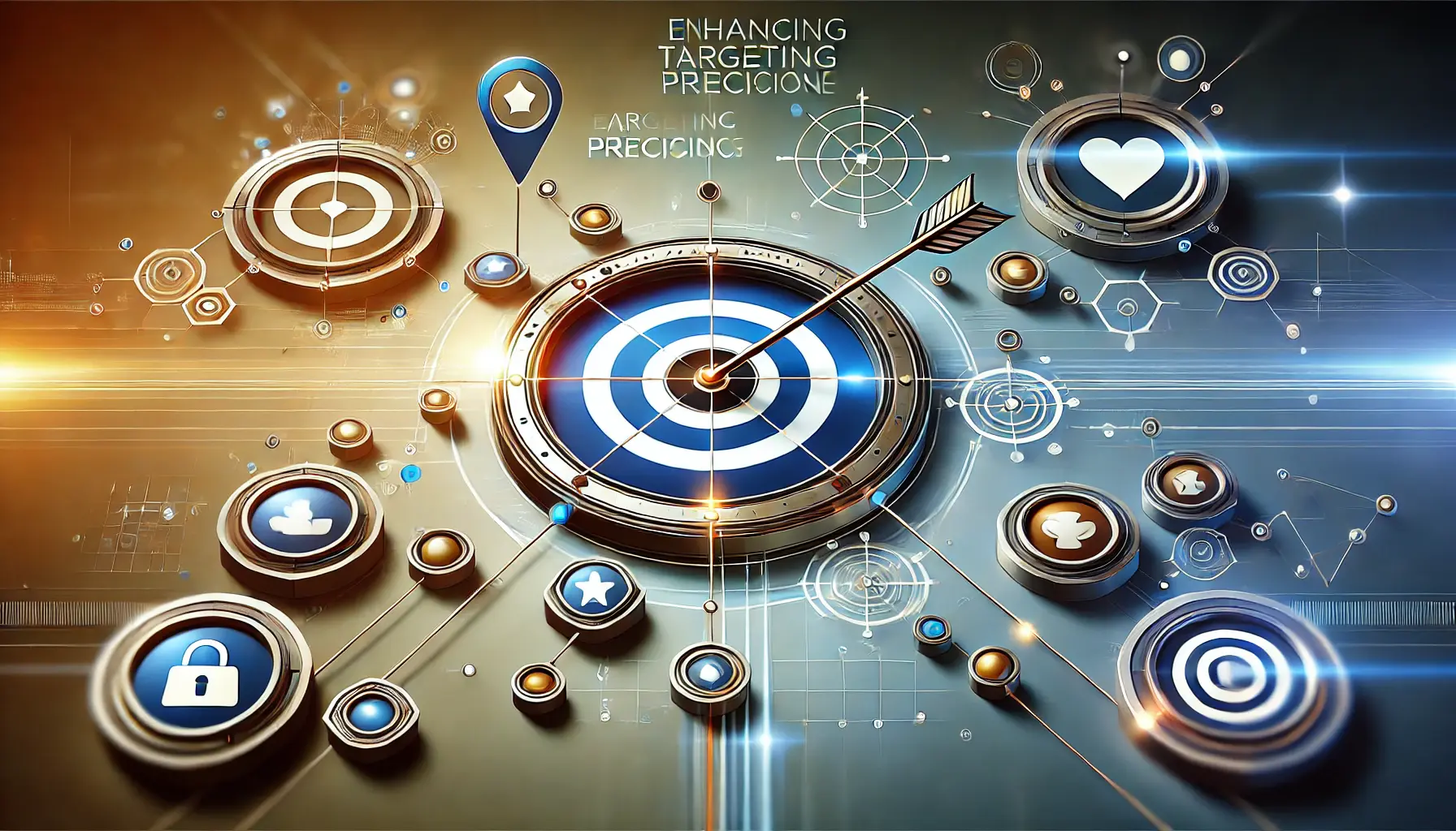 Abstract image representing targeting precision with digital targeting icons, a focused lens, and interconnected networks