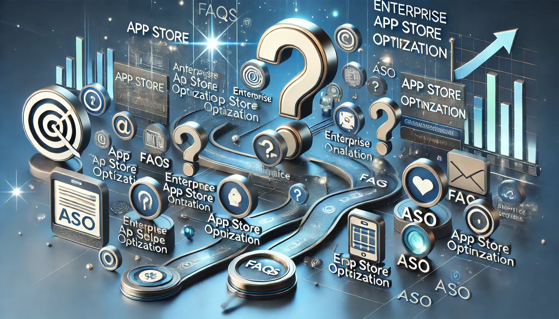 Image depicting question marks, digital help icons, and abstract representations of app store analytics, symbolizing frequently asked questions about Enterprise ASO.