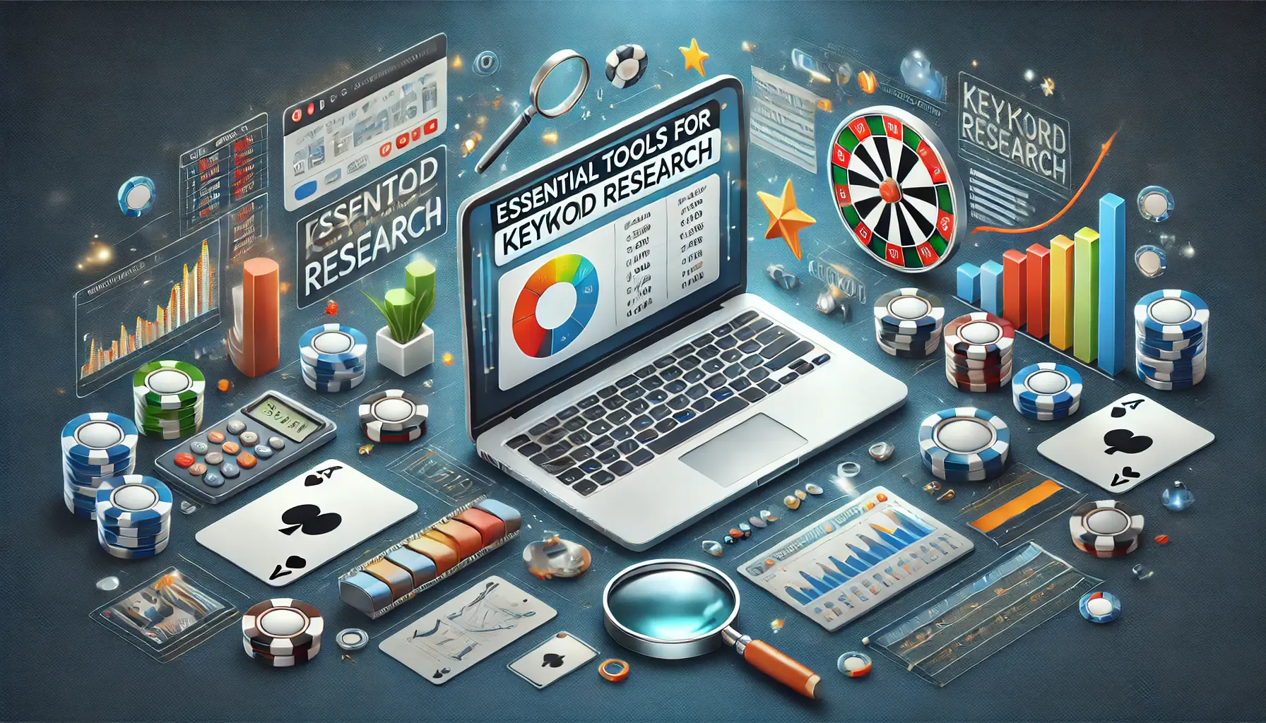 A scene with a laptop displaying keyword analysis tools, graphs, and magnifying glasses, with subtle casino visuals like poker chips and roulette.