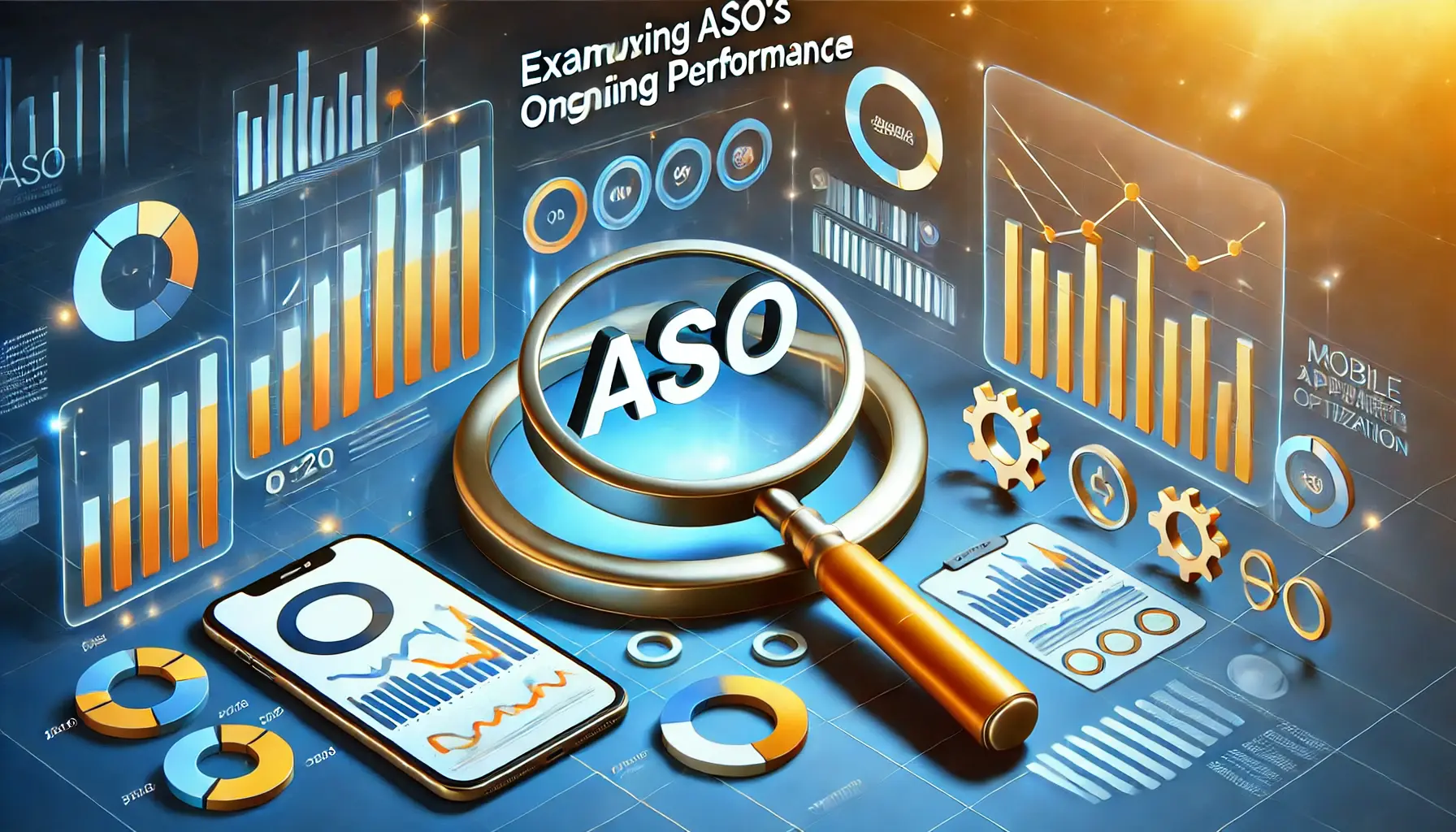 An image depicting the continuous analysis of ASO performance, featuring elements like a magnifying glass, progress bar, and performance metrics.