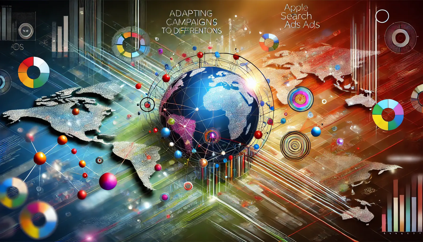 Abstract representation of expanding reach with interconnected pathways and diverse colors symbolizing global connectivity and regional adaptation in digital marketing.