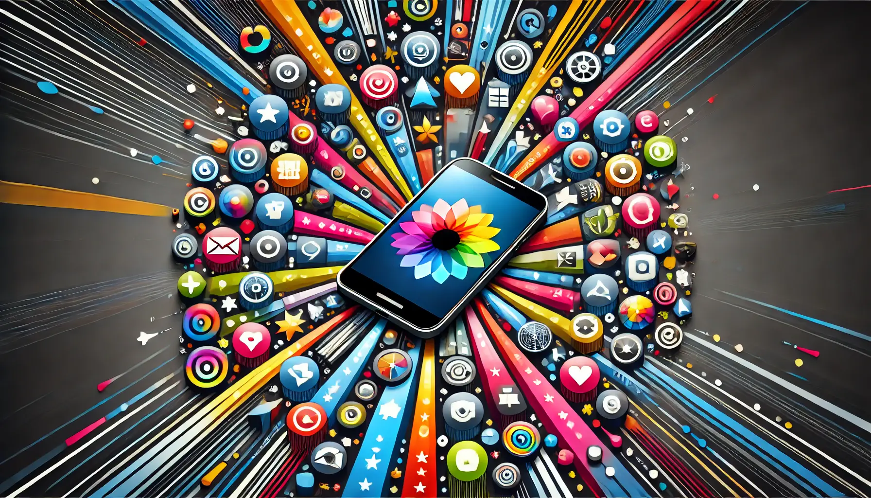 An image featuring a smartphone with vibrant, bold app icons radiating outward, symbolizing the impact of visually striking icons on attracting users.