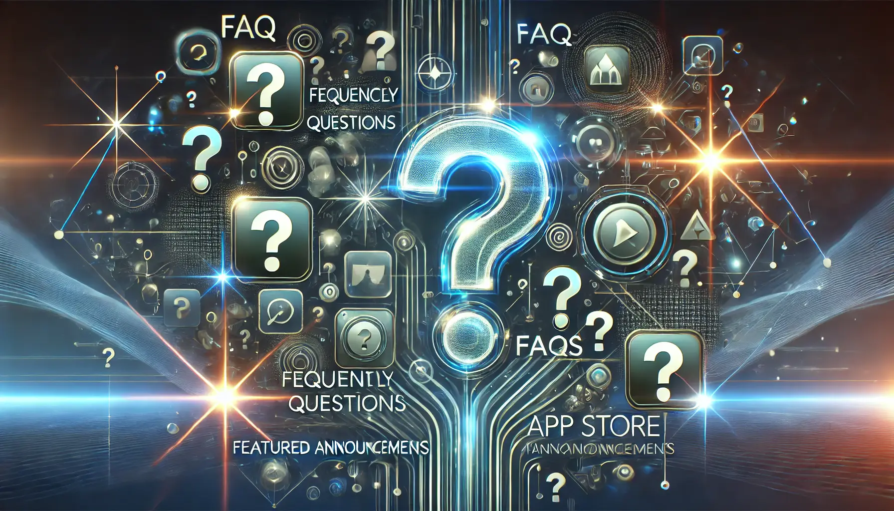 Abstract image representing FAQs about App Store featured announcements with question marks, app icons, and digital pathways.