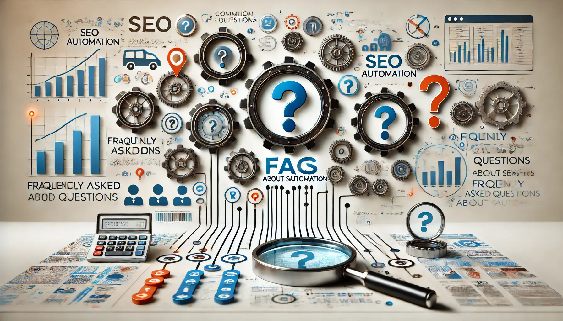 An image showing interconnected gears, magnifying glasses, and dashboards with question mark icons, symbolizing common questions and answers about SEO automation.