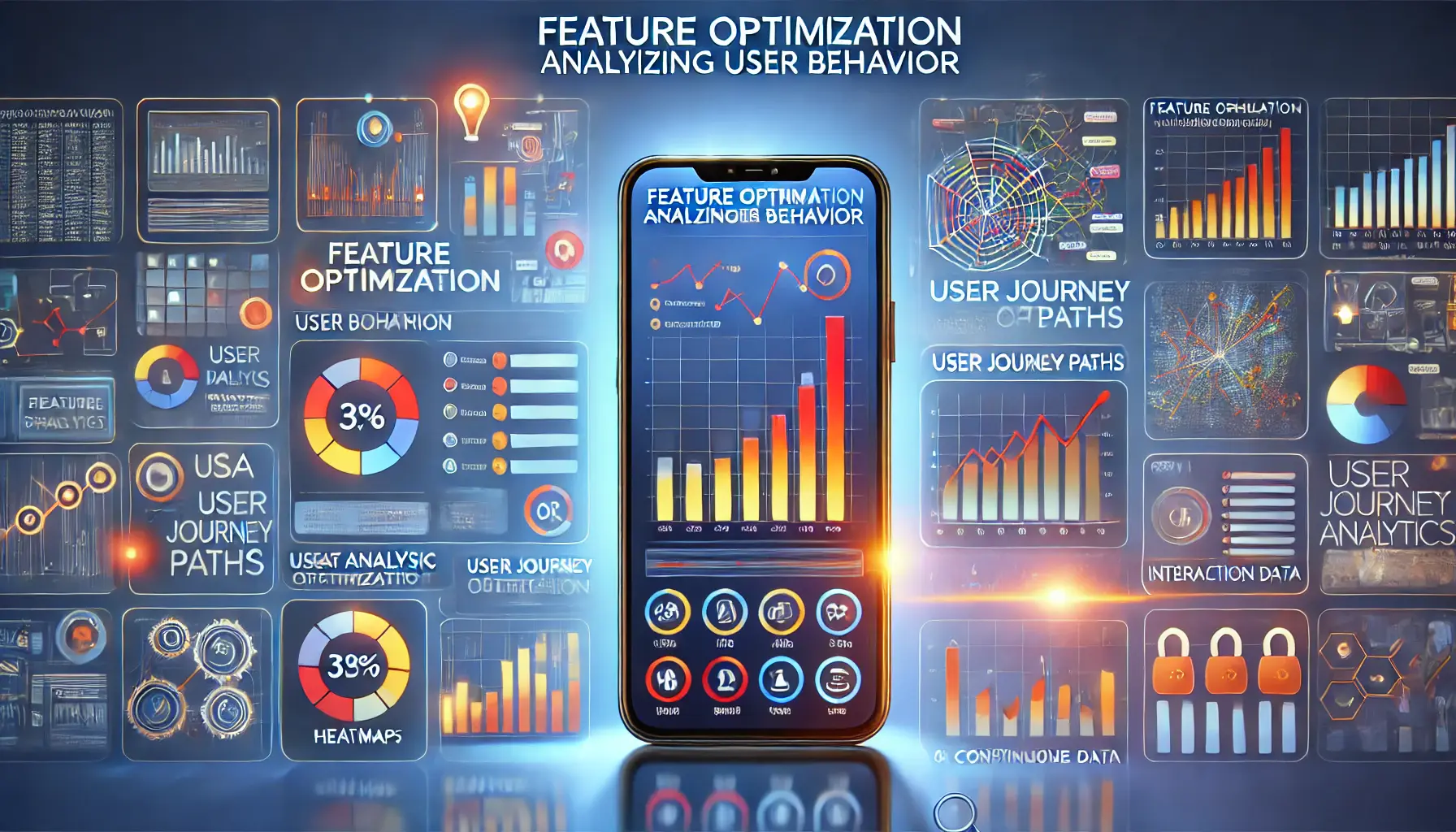 A smartphone displaying user behavior analytics like heatmaps and interaction data charts, set against an abstract background symbolizing data analysis and optimization.