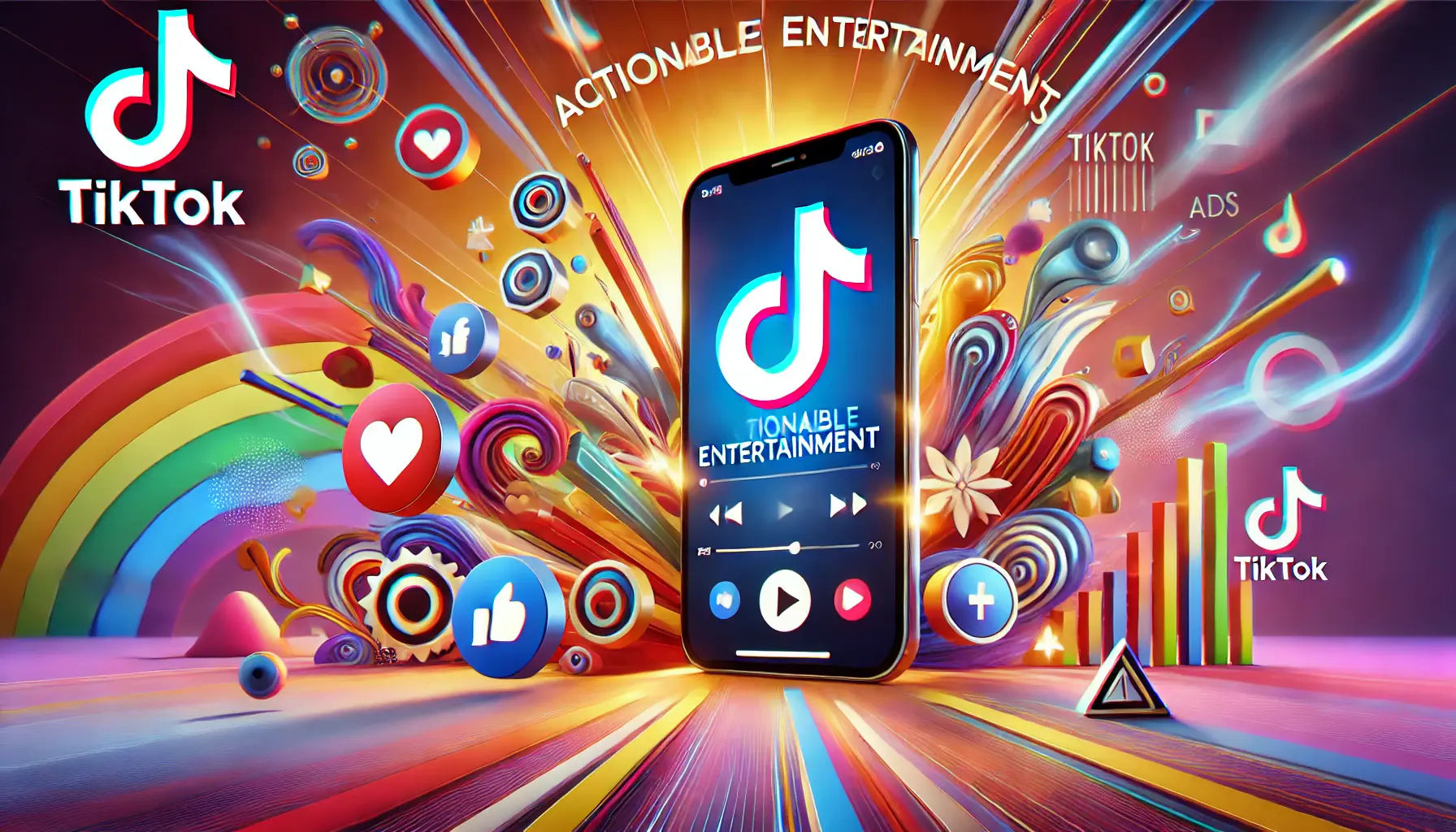 A dynamic and engaging representation of actionable entertainment in TikTok ads, showcasing vibrant energy with elements like short-form videos, interactive icons, and a smartphone displaying a video in motion.