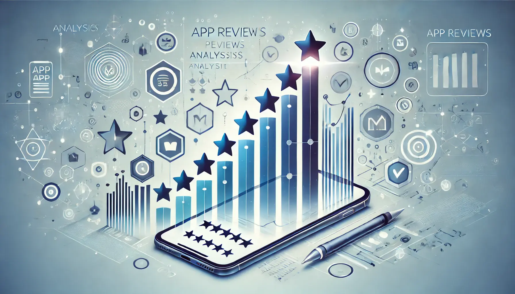 Abstract representation of app reviews analysis with app icons, star ratings, upward graphs, and mobile devices symbolizing app improvement and success.