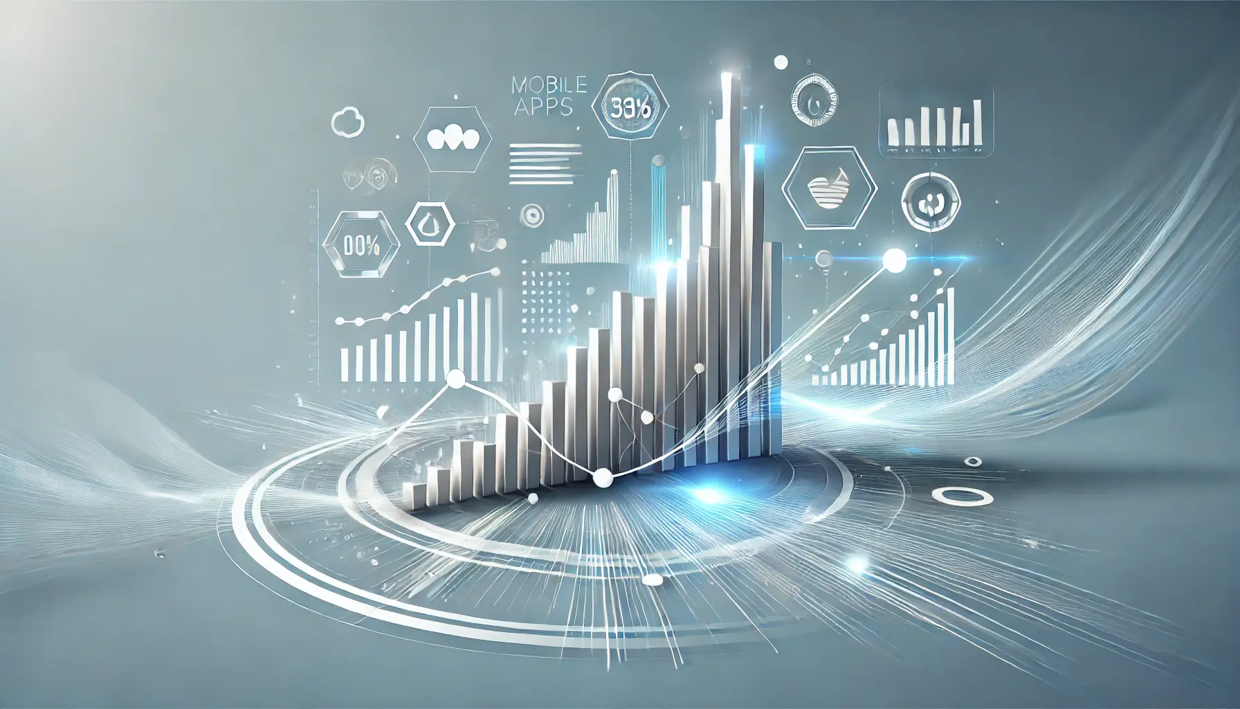 Abstract representation of mobile app performance metrics with bars and growth symbols in a digital futuristic design