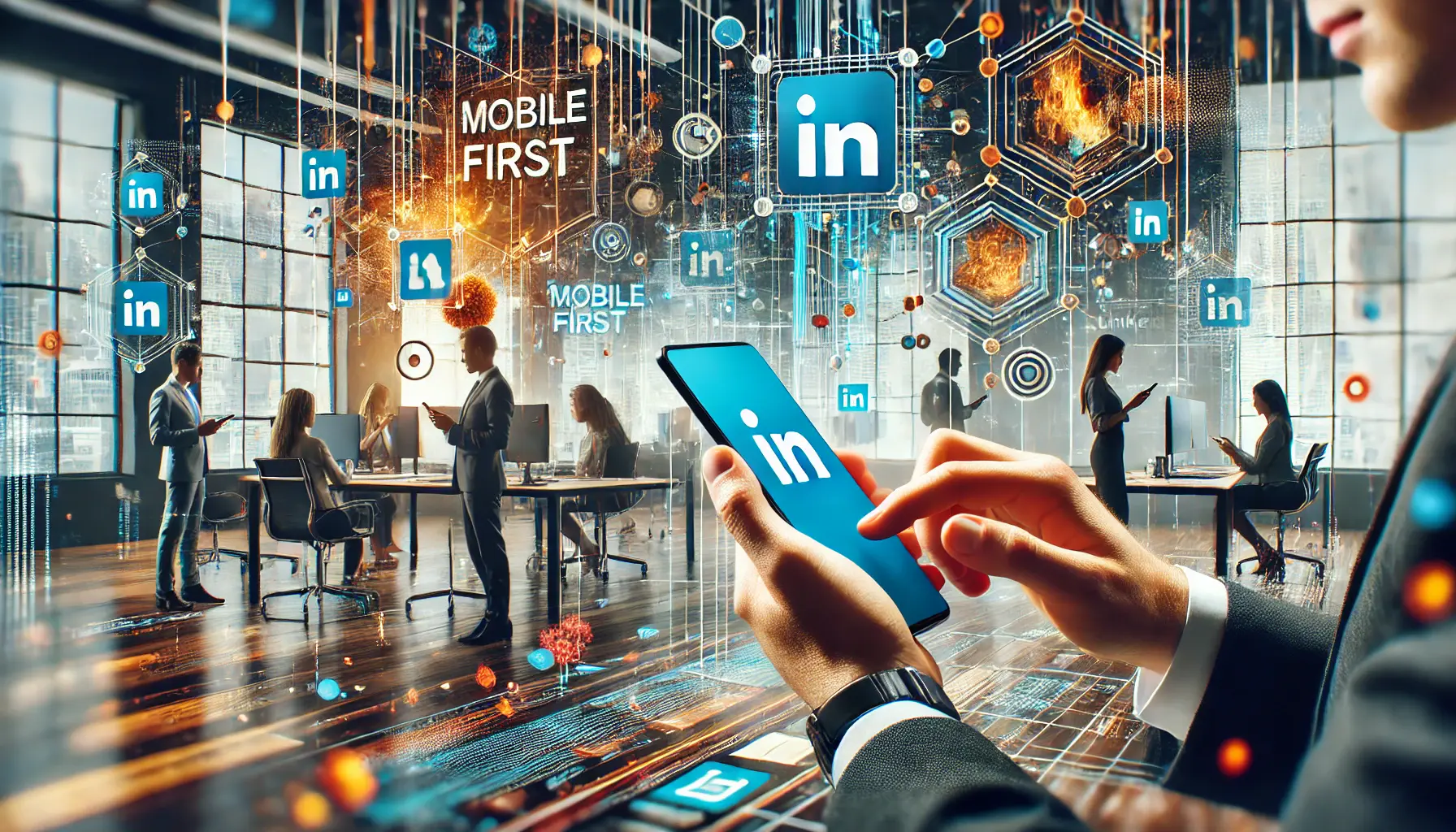 A dynamic digital scene representing mobile-first strategy in LinkedIn ads, showing professionals using mobile phones in a business environment.