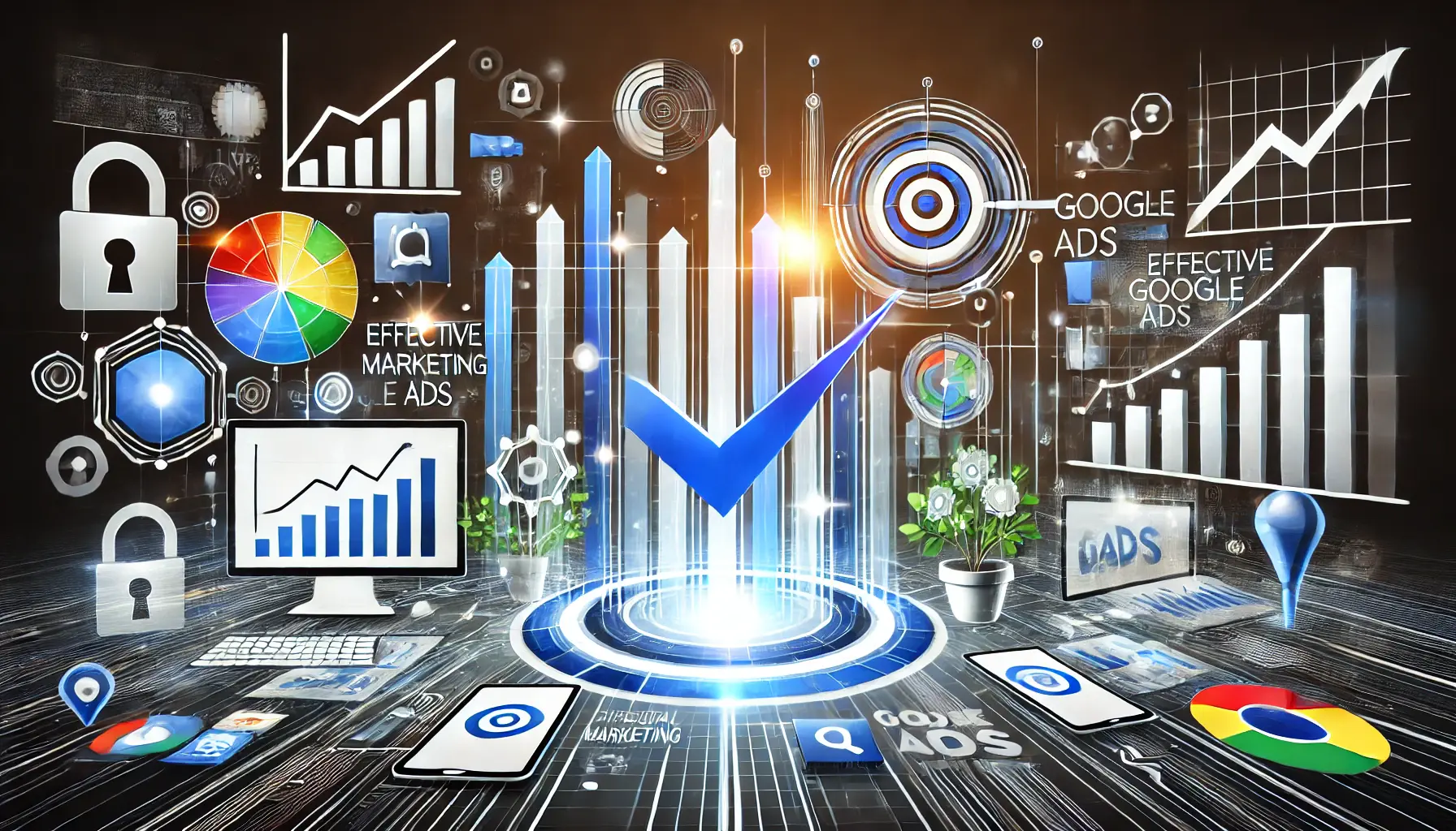 Abstract representation of completion and success in digital marketing, featuring visuals like a progress bar, finish line, or charts showing campaign growth.