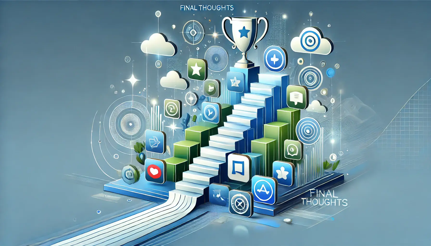 Abstract image representing the final thoughts on achieving App Store success with a digital trophy, glowing app icons, and ascending pathways.