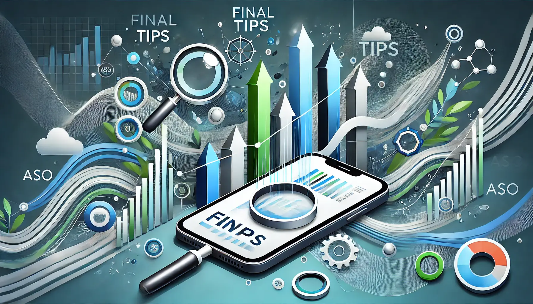 Abstract representation of final tips for success in ASO, featuring a mobile device with performance indicators, upward arrows, and magnifying glasses