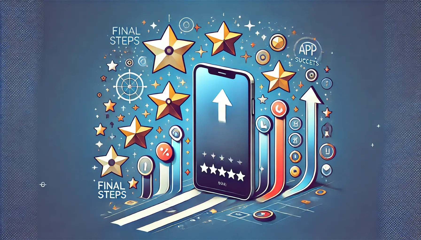 An image of a smartphone with stars, upward arrows, and a completed progress bar, symbolizing the final steps in achieving app success.