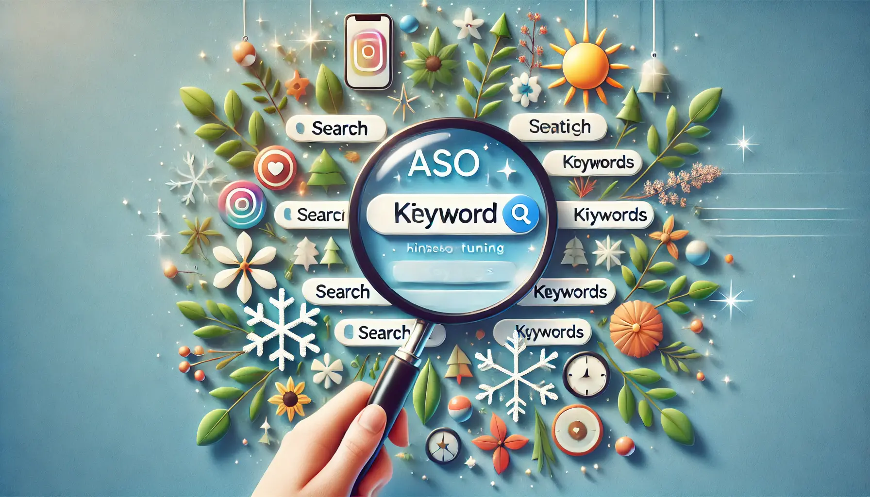 A magnifying glass focusing on app store elements like search bars and keywords, with seasonal symbols like snowflakes, flowers, leaves, and sun integrated around the magnified area.