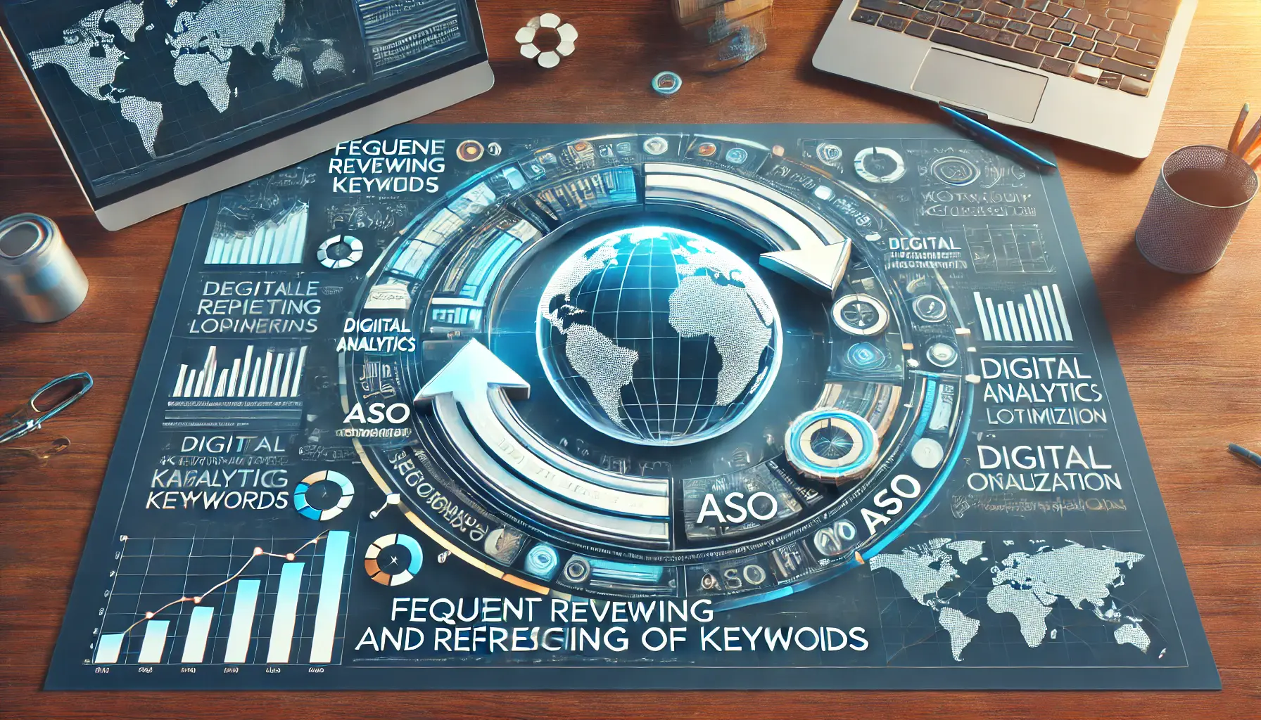 Rotating arrow or refresh symbol with digital analytics dashboards, symbolizing the continuous review and optimization of keywords.