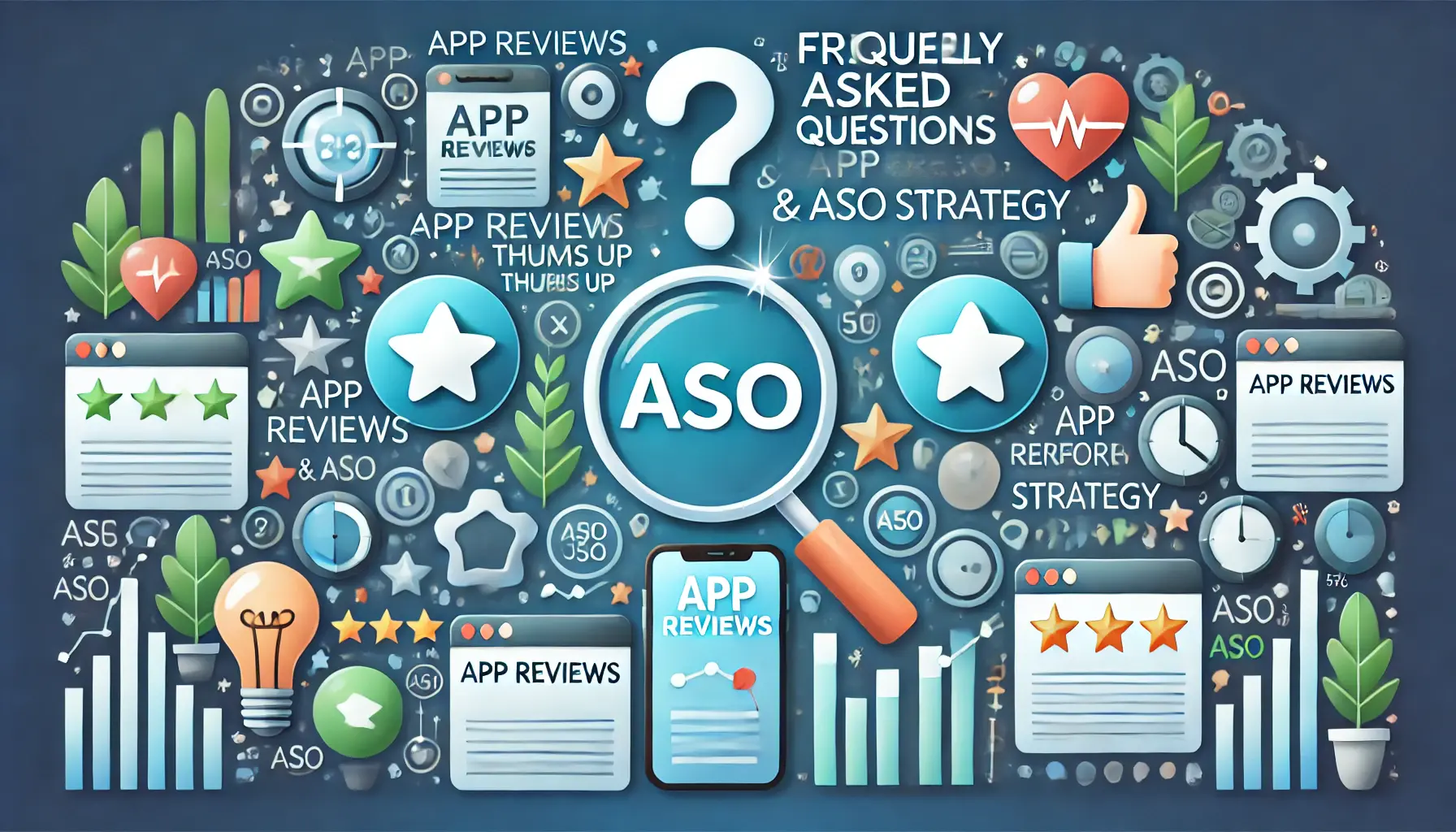 Visual elements like question marks, review icons such as stars and thumbs up, alongside app performance charts and magnifying glasses symbolizing discovery and insights.