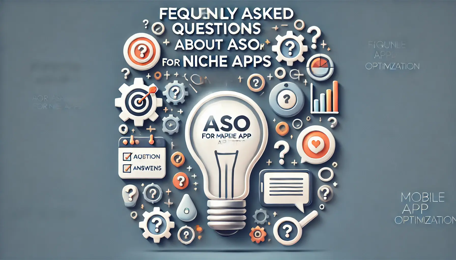 An image illustrating the concept of frequently asked questions about ASO, featuring question marks, a lightbulb symbolizing answers, and app-related icons.