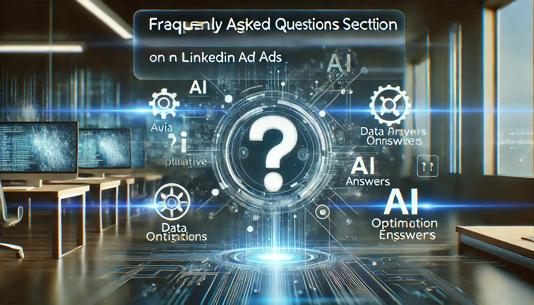 A futuristic digital interface featuring AI-driven insights with abstract symbols representing inquiry and answers, symbolizing the importance of AI in digital marketing.