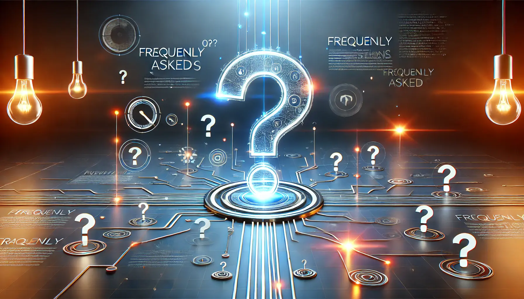 Digital scene illustrating frequently asked questions with question marks, digital pathways, and interconnected nodes symbolizing knowledge and discovery.