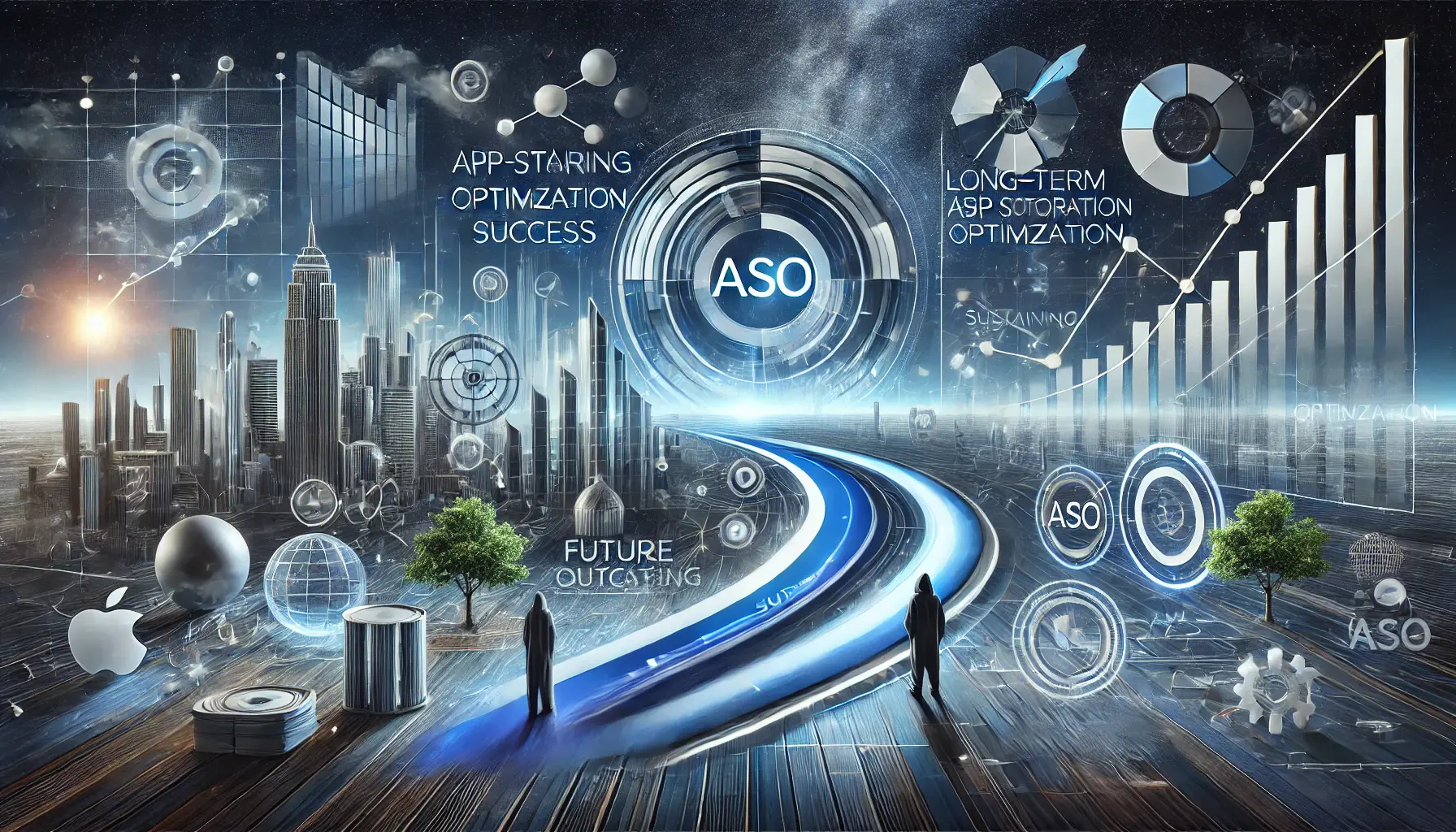 Image depicting a forward-pointing timeline with growth indicators and evolving analytics, symbolizing the long-term strategy for sustaining ASO success.