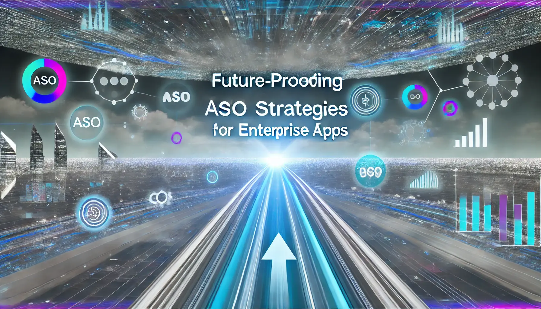 Image depicting a digital interface with a forward-moving timeline, futuristic analytics dashboards, and evolving app store metrics, symbolizing the future-proofing of ASO strategies.