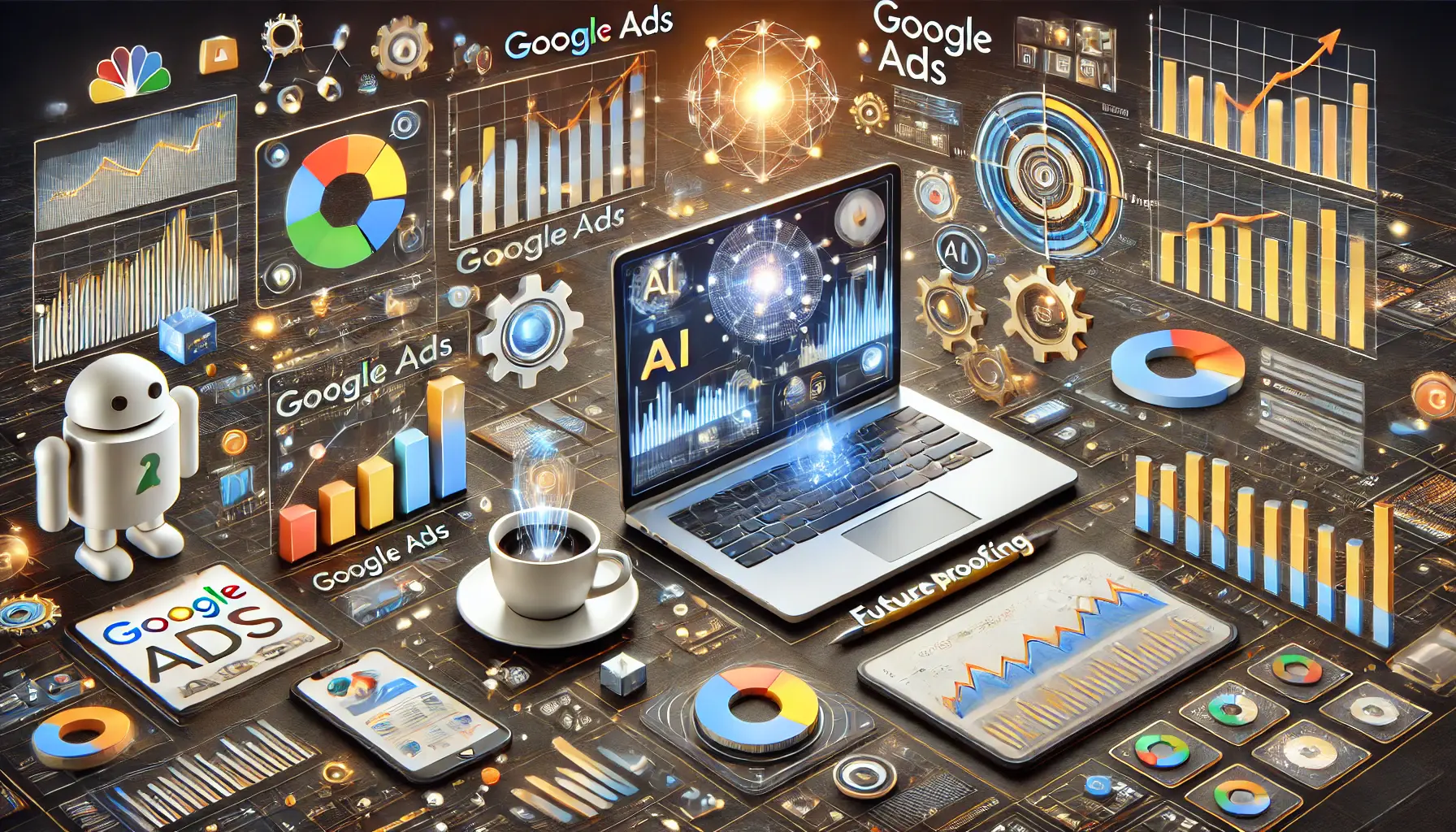 Depiction of future-proofing Google Ads strategy, featuring AI-driven tools, data analysis dashboards, and automation in digital marketing on devices like laptops and smartphones.