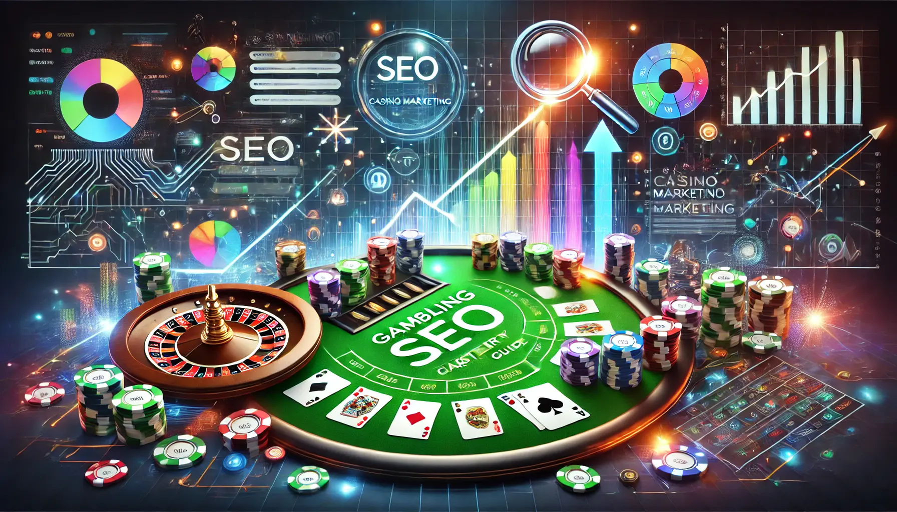 A dynamic and professional casino scene with a poker table, roulette, and SEO elements like analytics graphs and arrows.