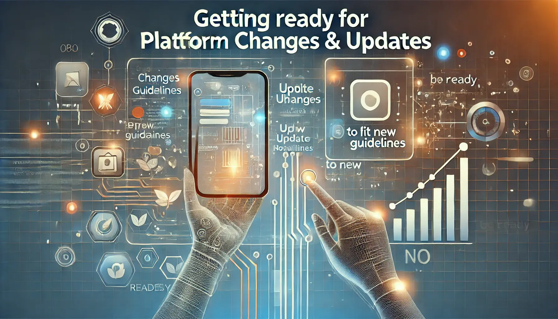 Illustration of preparing for platform changes and updates with a digital interface, update notifications, and app icons being adjusted