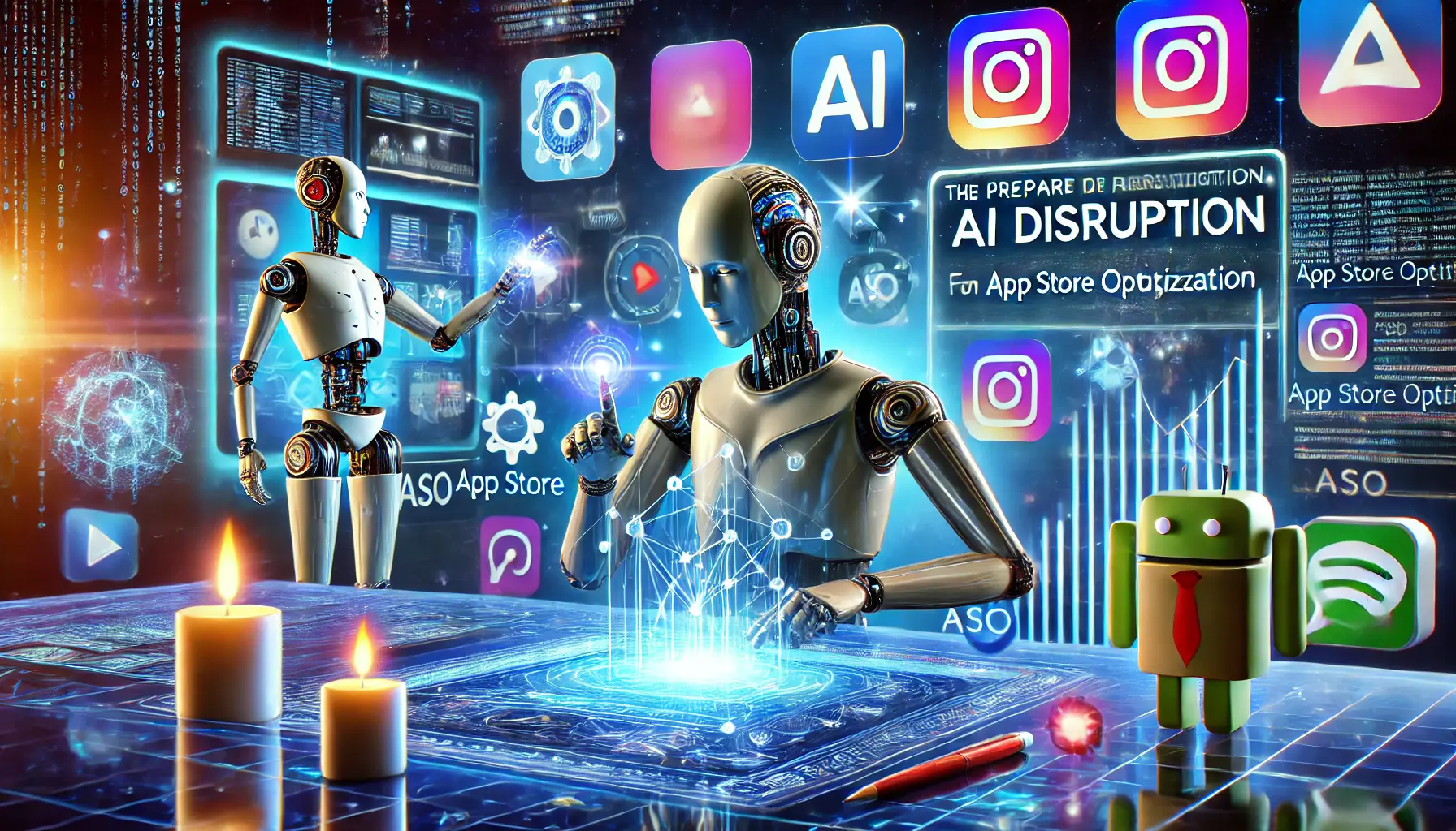 Image depicting AI-powered algorithms, machine learning networks, and robotic process automation interacting with app store icons and digital analytics, symbolizing the AI disruption in ASO.