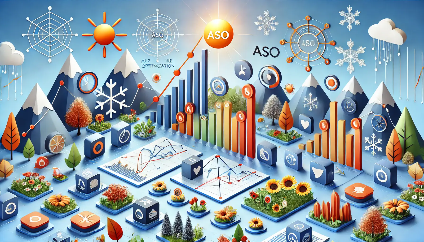 A dynamic app store landscape with app icons placed at the highest points of graphs, surrounded by seasonal symbols like sun, snowflakes, leaves, and flowers, representing peak performance during different seasons.