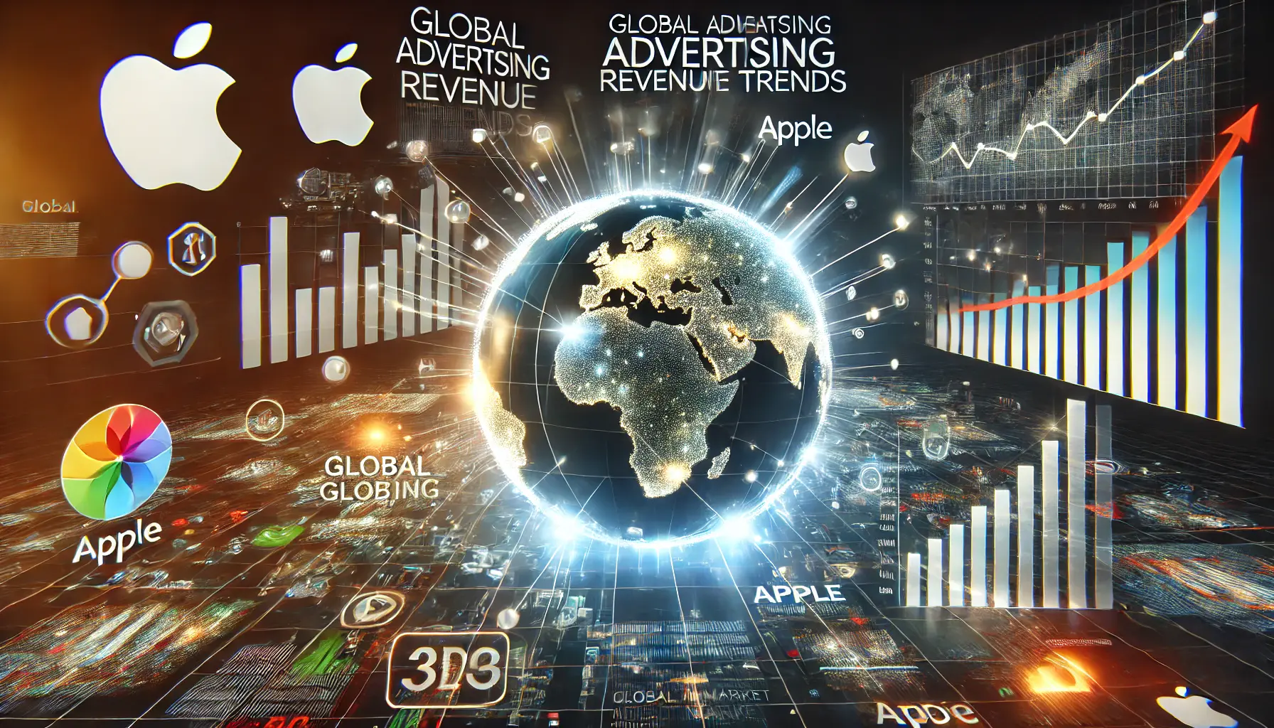 Global digital scene illustrating advertising revenue trends with a world map, glowing data points, and financial growth graphs symbolizing Apple's strong market position.