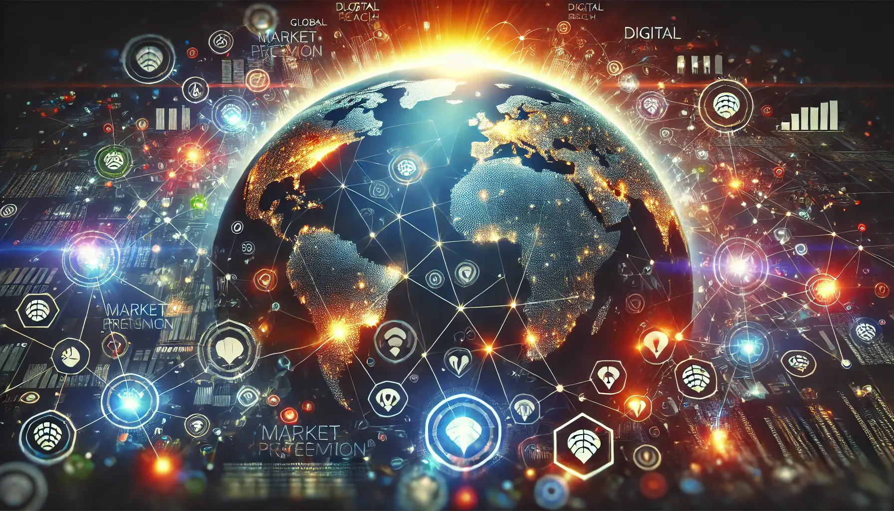 Futuristic scene representing global expansion with interconnected networks, digital nodes, and flowing data streams symbolizing market penetration.