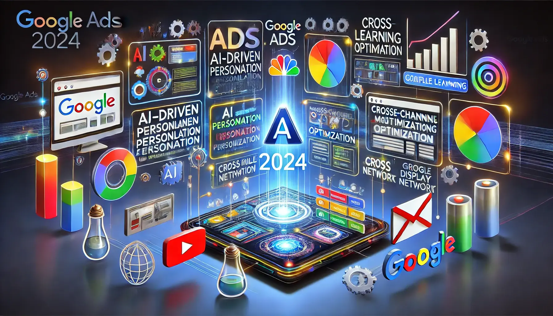 Abstract representation of Google Ads 2024 updates, highlighting AI-driven personalization, machine learning, and cross-channel ad integration.