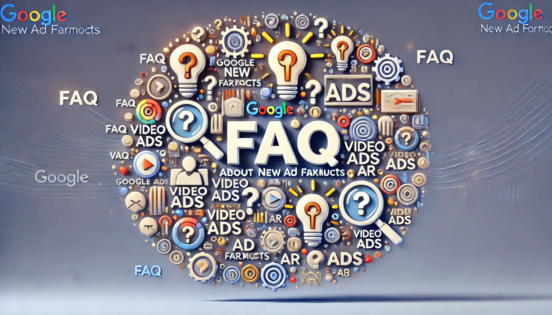 Abstract representation of a FAQ section about Google's new ad formats, featuring question marks, light bulbs, and visuals of digital ad formats like video ads.