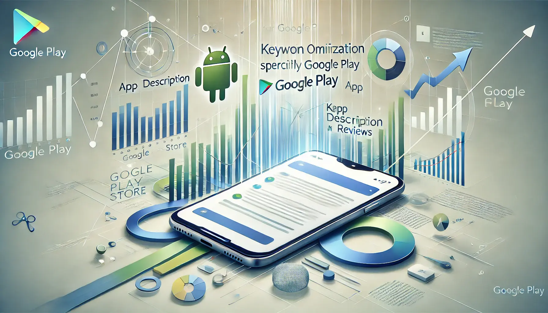 Abstract representation of keyword optimization for Google Play, featuring an Android phone with areas like app description and reviews emphasized