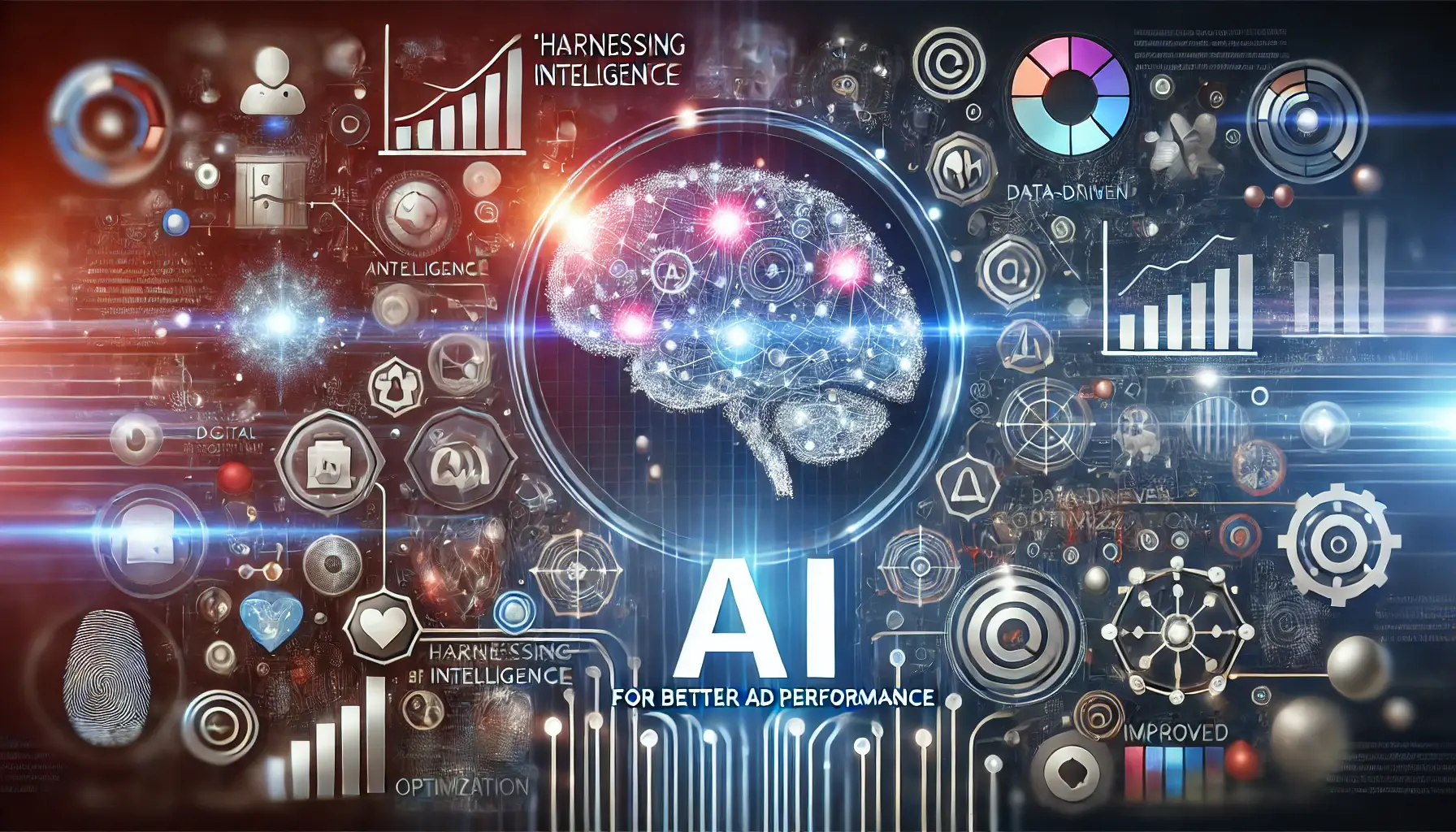 Abstract image representing AI integration with AI brain, data streams, and digital analytics