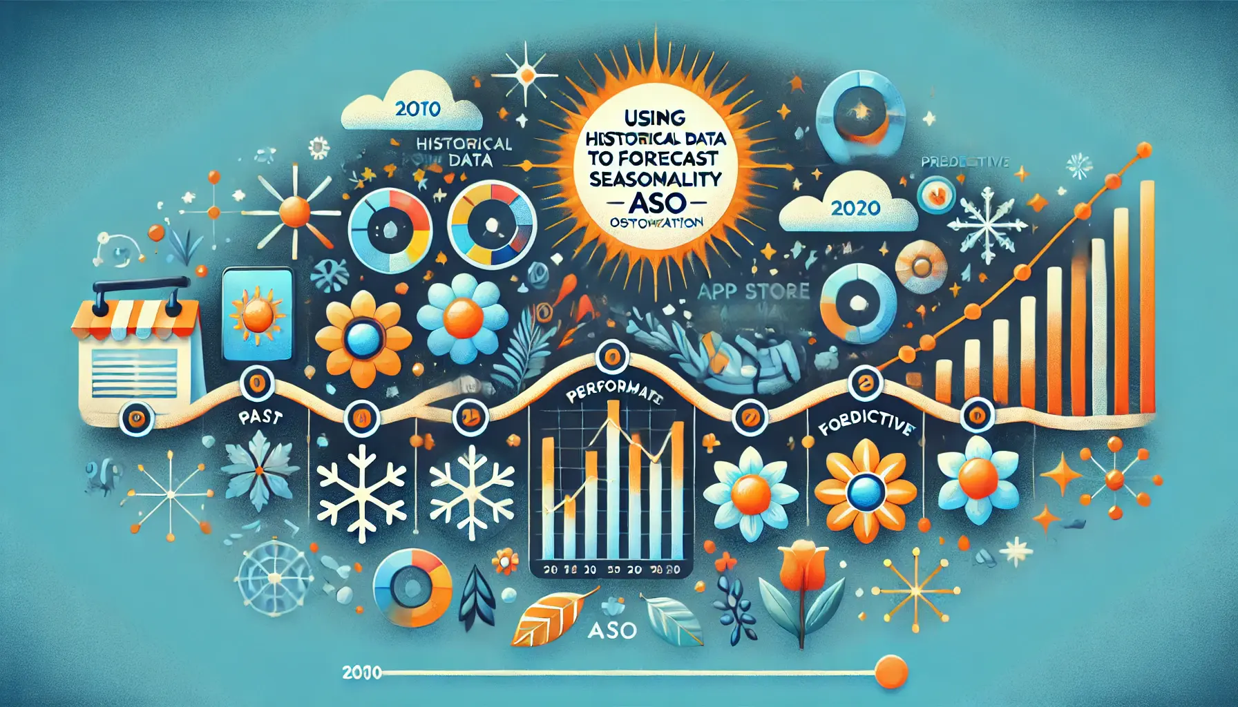 A timeline or graph showing past app performance data with seasonal symbols like sun, snowflakes, leaves, and flowers, transitioning to a predictive chart.