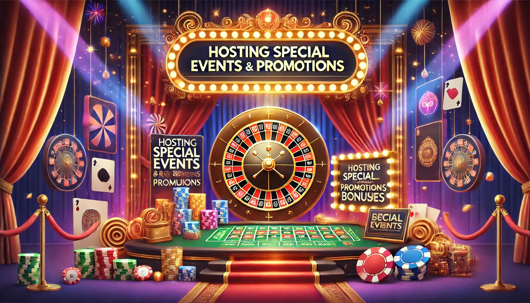 A glamorous casino scene with a large roulette wheel, poker chips, and celebratory decorations promoting special events and bonuses.