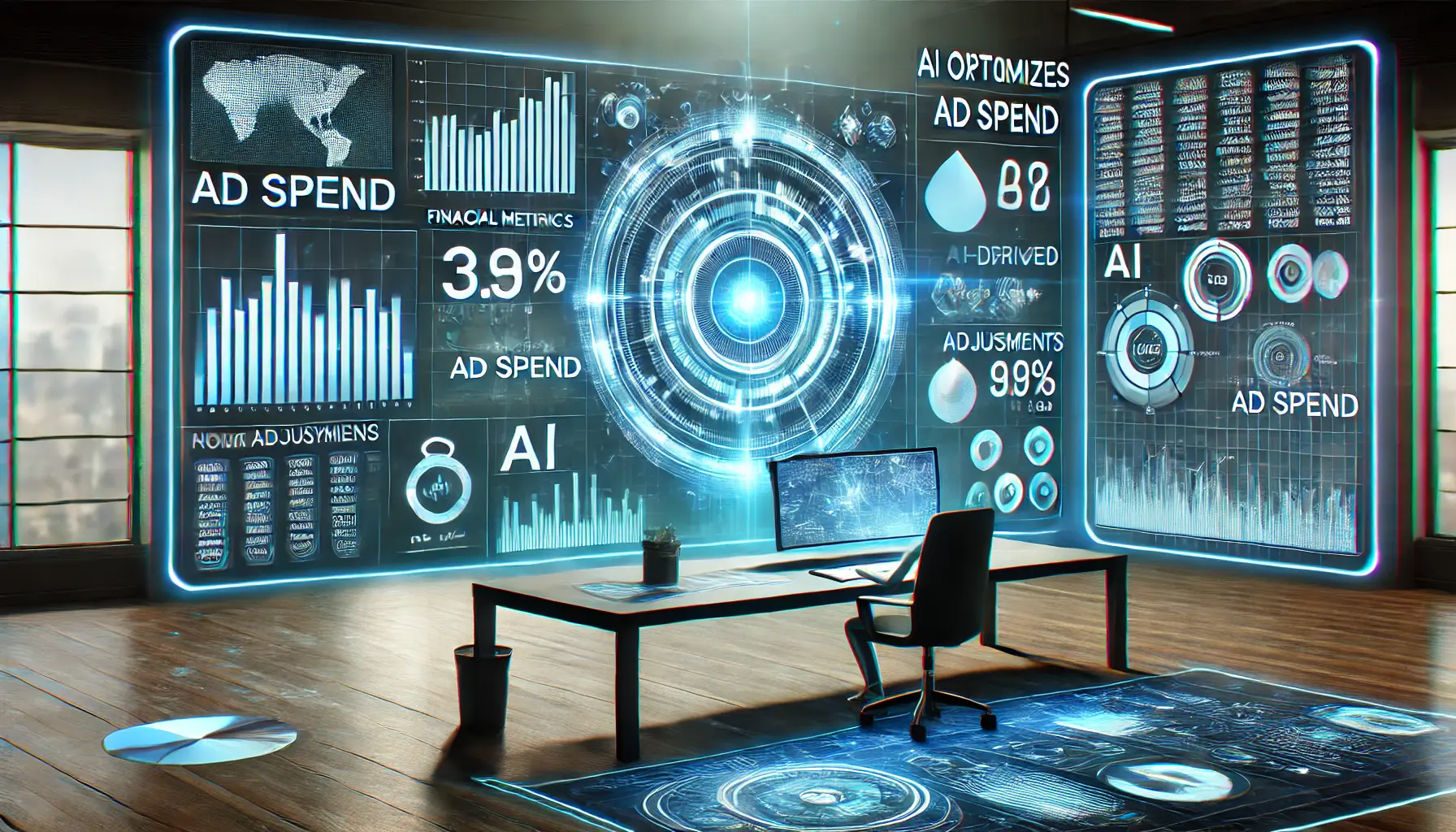 A futuristic digital dashboard displaying financial metrics and real-time AI-driven adjustments for ad spend, symbolizing precision and efficiency in budget management.