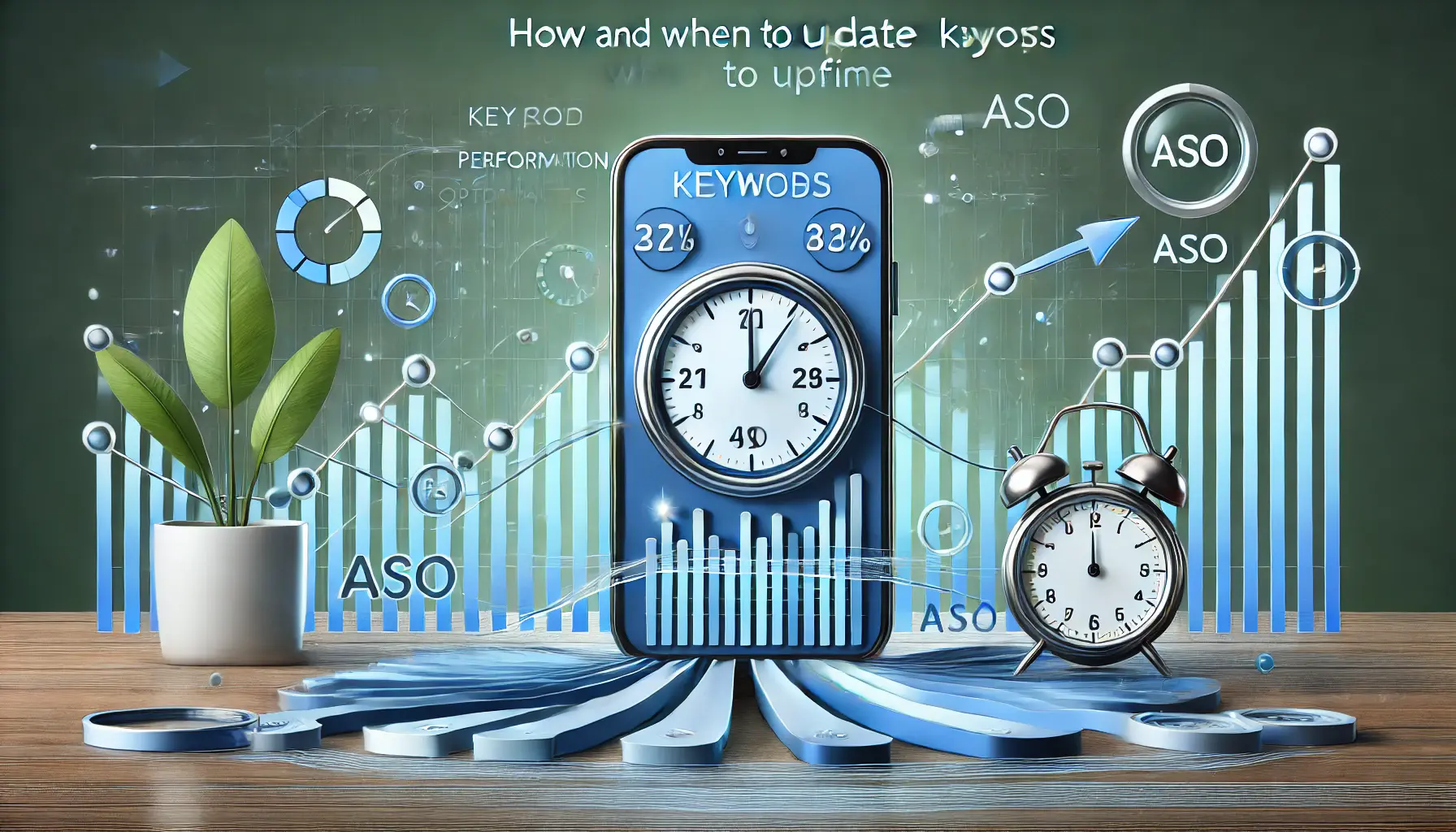 Abstract representation of when and how to update keywords, featuring a mobile device displaying keyword performance data with clocks and progress indicators