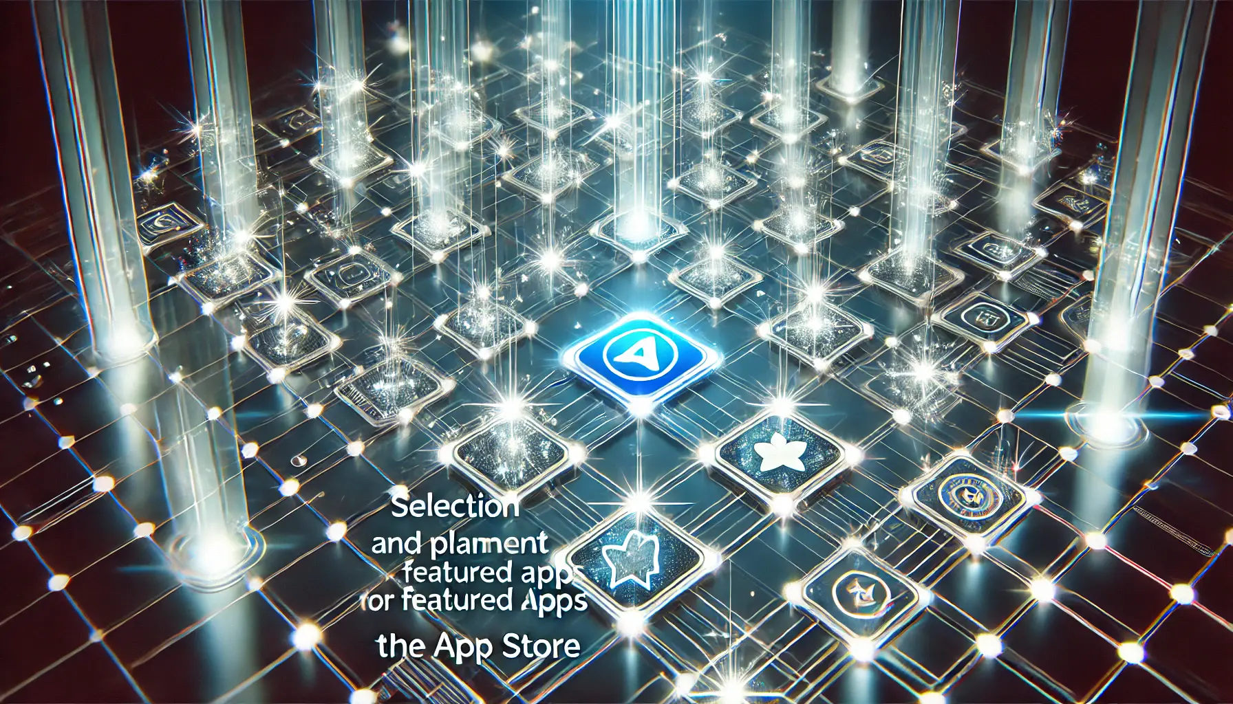 Abstract image representing the process of selecting and placing featured apps on the App Store with highlighted nodes on a digital grid.