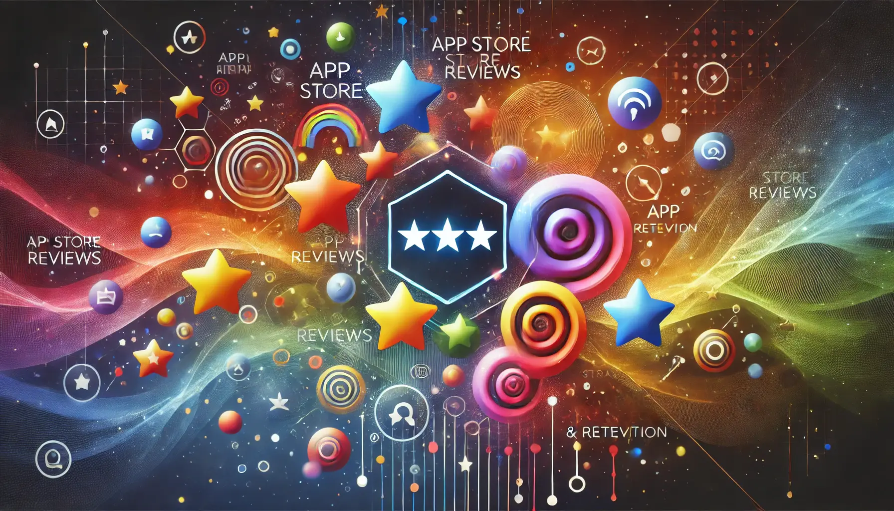 Abstract representation of App Store reviews fitting into a retention strategy, with feedback loops and connections symbolizing growth and improvement.