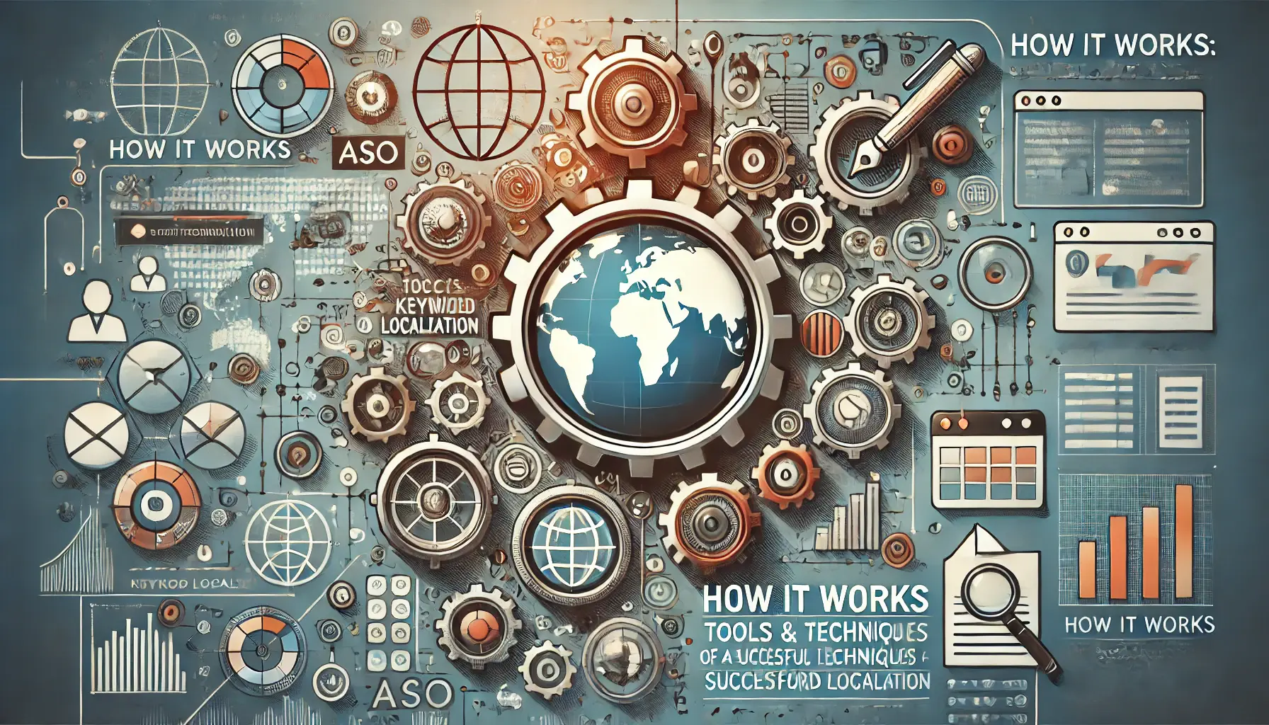 Gears, tools, and digital interfaces symbolizing the technical aspects of keyword localization with subtle global connectivity.